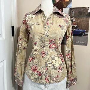 Boho Tan and Purple Floral Button-Up Blouse